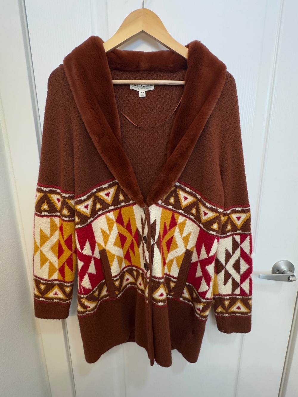 Idyllwind Brown Hooded Geometric Knit Cardigan with Red, Cream & Mustard Accents